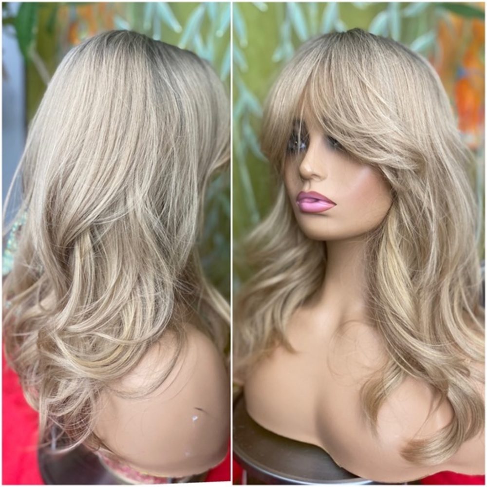 Golden dirty blonde layered wig with bangs and roots
